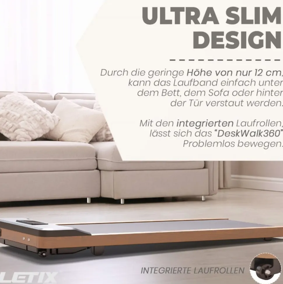 LETIX Elektrisches Laufband DeskWalk für zu Hause oder Büro, LCD-Display Motorisiertes Fitnessgerät, Schreibtisch Heimtrainer - Holz Optik - versch. Ausführungen