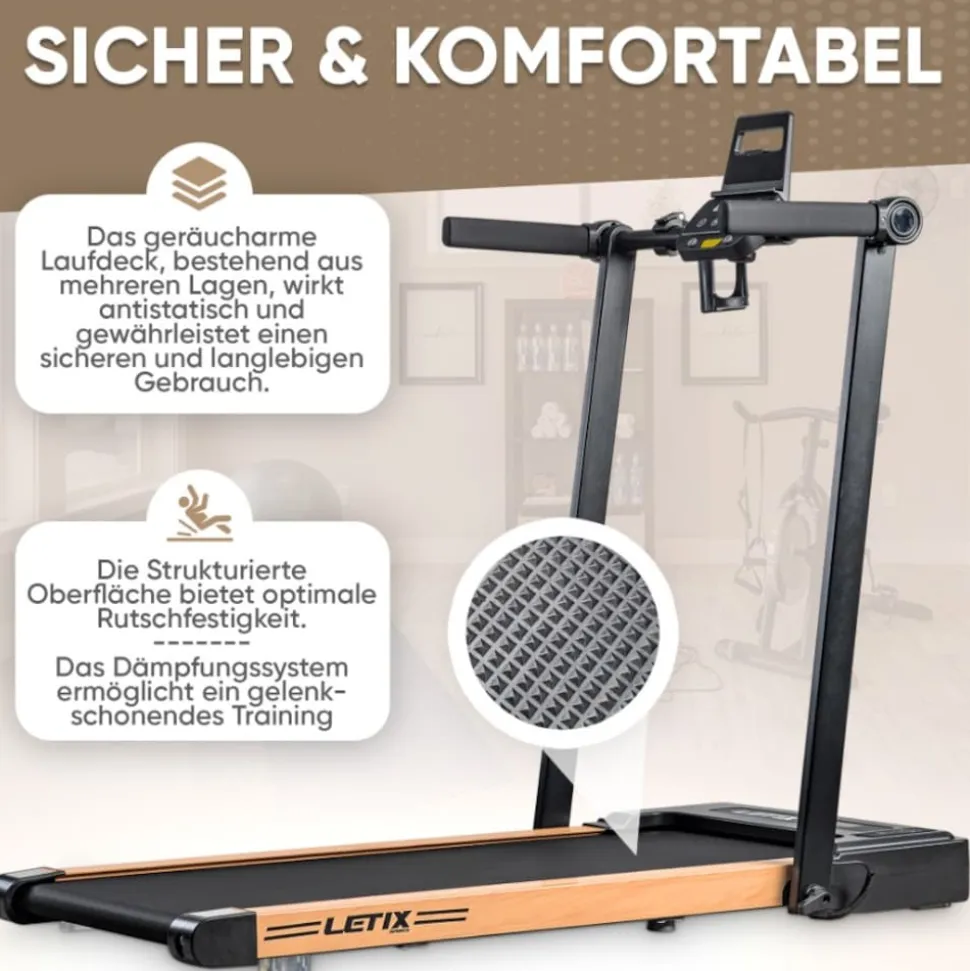 LETIX Elektrisches Laufband FoldPro 2in1 mit LCD-Display, Bluetooth & APP Funktion, für zu Hause und Büro, motorisiertes Fitnessgerät, Heimtrainer - Holzoptik
