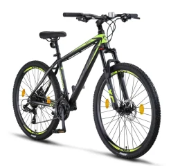 Licorne Bike Diamond Premium Mountainbike Aluminium, Fahrrad für Jungen, Mädchen, Herren und Damen - 21 Gang-Schaltung - Scheibenbremse Herrenrad, einstellbare Vordergabel 26, 27.5 und 29 Zoll Farbe:Schwarz-Lime;Größe:27.5