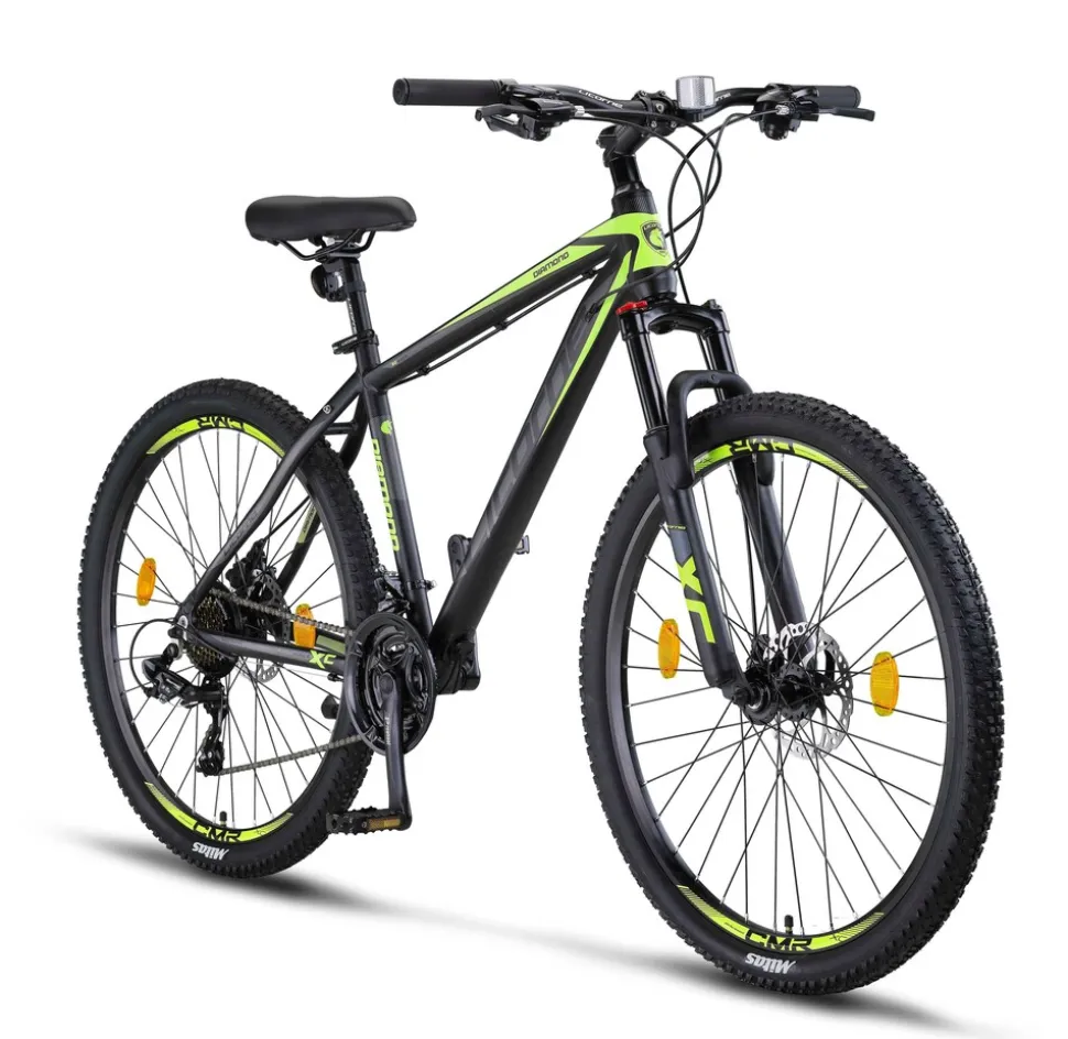 Licorne Bike Diamond Premium Mountainbike Aluminium, Fahrrad für Jungen, Mädchen, Herren und Damen - 21 Gang-Schaltung - Scheibenbremse Herrenrad, einstellbare Vordergabel 26, 27.5 und 29 Zoll Farbe:Schwarz-Lime;Größe:27.5