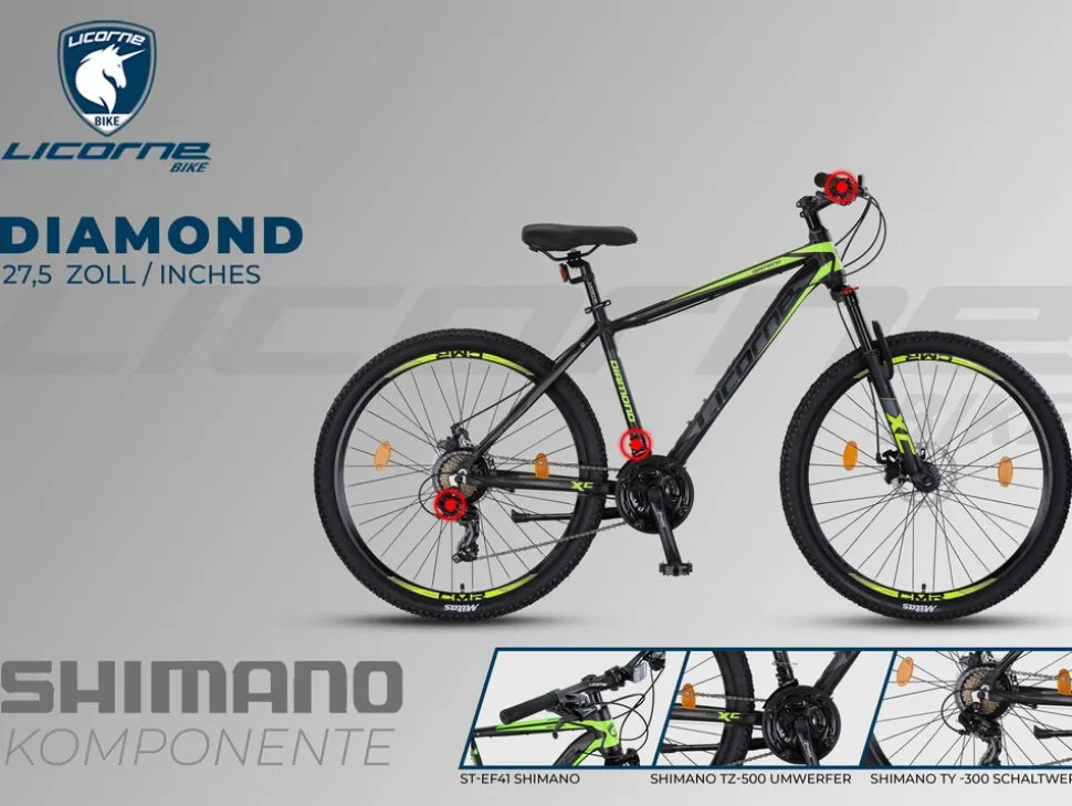 Licorne Bike Diamond Premium Mountainbike Aluminium, Fahrrad für Jungen, Mädchen, Herren und Damen - 21 Gang-Schaltung - Scheibenbremse Herrenrad, einstellbare Vordergabel 26, 27.5 und 29 Zoll Farbe:Schwarz-Lime;Größe:27.5