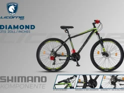 Licorne Bike Diamond Premium Mountainbike Aluminium, Fahrrad für Jungen, Mädchen, Herren und Damen - 21 Gang-Schaltung - Scheibenbremse Herrenrad, einstellbare Vordergabel 26, 27.5 und 29 Zoll Farbe:Schwarz-Lime;Größe:27.5