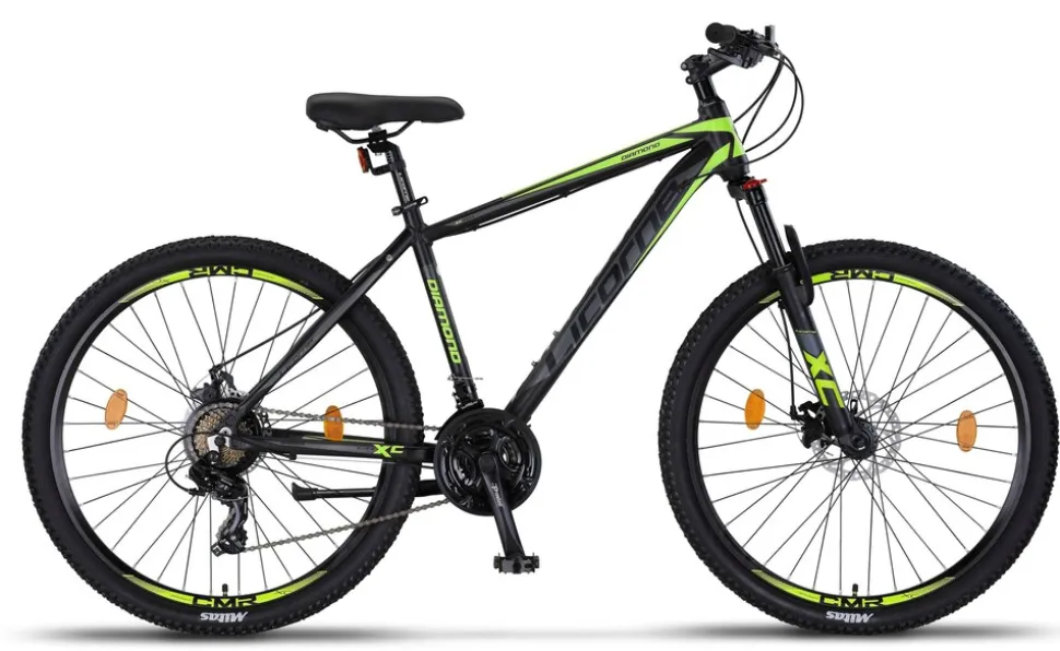 Licorne Bike Diamond Premium Mountainbike Aluminium, Fahrrad für Jungen, Mädchen, Herren und Damen - 21 Gang-Schaltung - Scheibenbremse Herrenrad, einstellbare Vordergabel 26, 27.5 und 29 Zoll Farbe:Schwarz-Lime;Größe:27.5