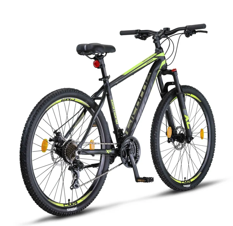 Licorne Bike Diamond Premium Mountainbike Aluminium, Fahrrad für Jungen, Mädchen, Herren und Damen - 21 Gang-Schaltung - Scheibenbremse Herrenrad, einstellbare Vordergabel 26, 27.5 und 29 Zoll Farbe:Schwarz-Lime;Größe:27.5