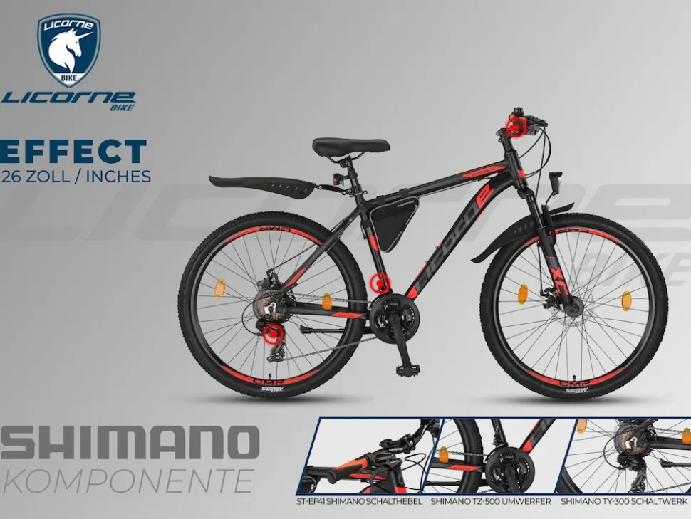 Licorne Bike Effect Premium Mountainbike in 26, 27,5 und 29 Zoll - Fahrrad für Jungen, Mädchen, Herren und Damen - Shimano 21 Gang-Schaltung - Herrenrad Zoll:26.00;Farbe:Schwarz/Orange (2xDisc-Bremse)