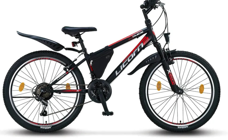 Licorne Bike Guide Premium Mountainbike in 20, 24 und 26 Zoll - Fahrrad für Mädchen, Jungen, Herren und Damen - Shimano 21 Gang-Schaltung, Kinderfahrrad, Kinder Farbe:Schwarz/Rot/Grau;Zoll:24