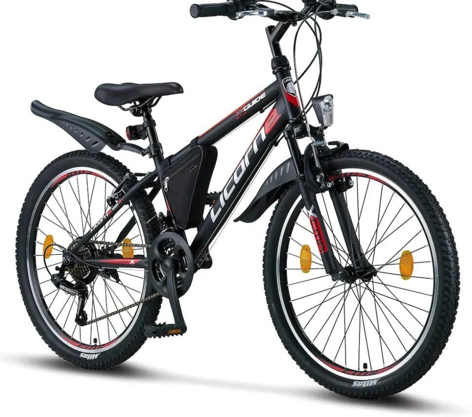 Licorne Bike Guide Premium Mountainbike in 20, 24 und 26 Zoll - Fahrrad für Mädchen, Jungen, Herren und Damen - Shimano 21 Gang-Schaltung, Kinderfahrrad, Kinder Farbe:Schwarz/Rot/Grau;Zoll:24