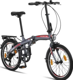 Licorne Bike Phoenix 2D, 20 Zoll Aluminium-Faltrad-Klapprad, Scheibenbremse, Discbremse, V-Bremse Faltfahrrad-Herren-Damen, 7 Gang Kettenschaltung - Folding City Bike, Alu-Rahmen, StVZO, Vorderlampe, Hinterlampe Farbe:Anthrazit-Rot;Stil:V-Bremse