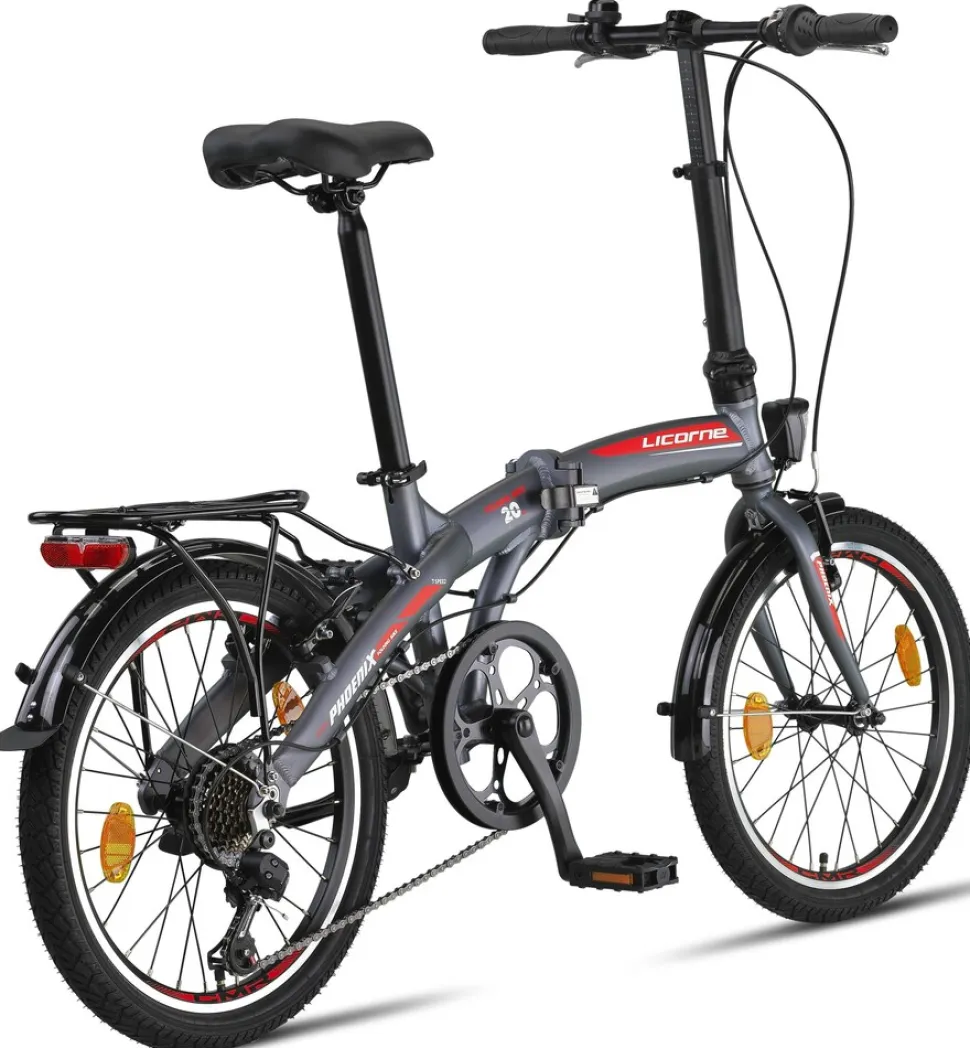 Licorne Bike Phoenix 2D, 20 Zoll Aluminium-Faltrad-Klapprad, Scheibenbremse, Discbremse, V-Bremse Faltfahrrad-Herren-Damen, 7 Gang Kettenschaltung - Folding City Bike, Alu-Rahmen, StVZO, Vorderlampe, Hinterlampe Farbe:Anthrazit-Rot;Stil:V-Bremse