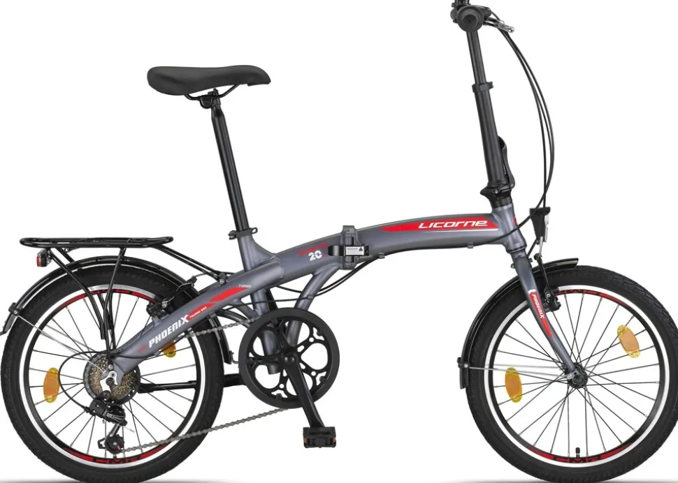 Licorne Bike Phoenix 2D, 20 Zoll Aluminium-Faltrad-Klapprad, Scheibenbremse, Discbremse, V-Bremse Faltfahrrad-Herren-Damen, 7 Gang Kettenschaltung - Folding City Bike, Alu-Rahmen, StVZO, Vorderlampe, Hinterlampe Farbe:Anthrazit-Rot;Stil:V-Bremse