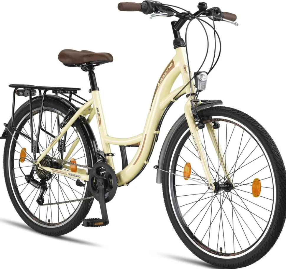 Licorne Bike Stella Premium City Bike 20,24,26 und 28 Zoll Fahrrad für Mädchen Herren und Damen 21 Gang (6 Gang bei 20 Zoll) Holland Citybike Zoll:26;Farbe:Beige