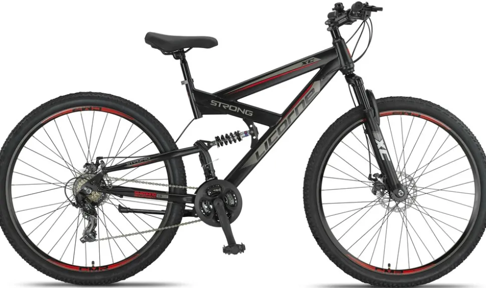 Licorne Bike Strong 2D Premium Mountainbike in 26, 27,5 und 29 Zoll - Fahrrad für Jungen, Mädchen, Damen und Herren - Scheibenbremse vorne und hinten - Shimano 21 Gang-Schaltung - Farbe:Schwarz/Rot;Zoll:29.00
