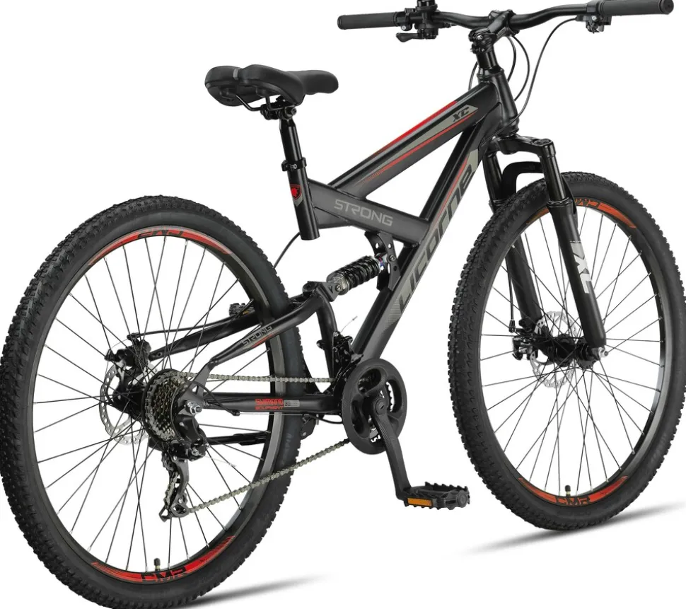 Licorne Bike Strong 2D Premium Mountainbike in 26, 27,5 und 29 Zoll - Fahrrad für Jungen, Mädchen, Damen und Herren - Scheibenbremse vorne und hinten - Shimano 21 Gang-Schaltung - Farbe:Schwarz/Rot;Zoll:29.00