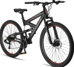 Licorne Bike Strong 2D Premium Mountainbike in 26, 27,5 und 29 Zoll - Fahrrad für Jungen, Mädchen, Damen und Herren - Scheibenbremse vorne und hinten - Shimano 21 Gang-Schaltung - Farbe:Schwarz/Rot;Zoll:29.00