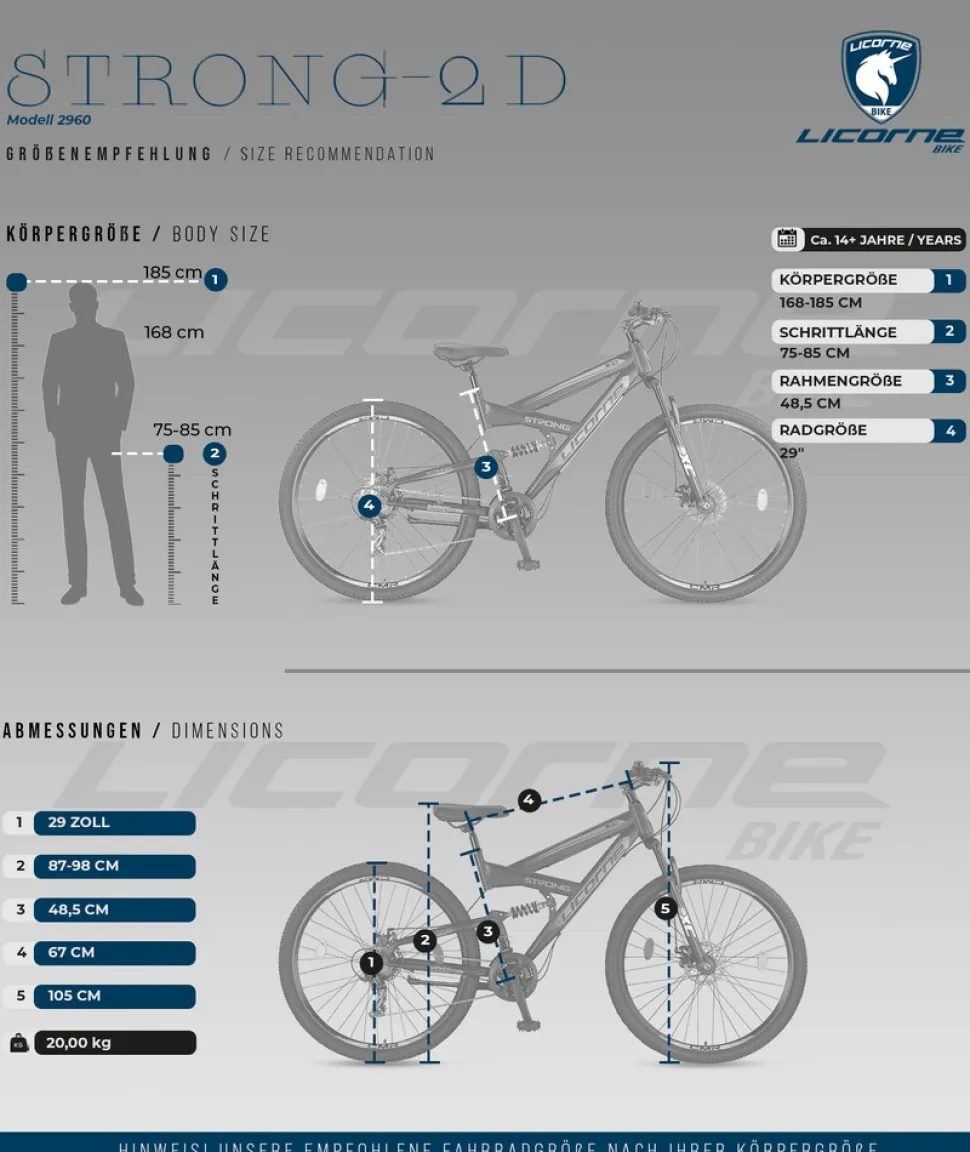 Licorne Bike Strong 2D Premium Mountainbike in 26, 27,5 und 29 Zoll - Fahrrad für Jungen, Mädchen, Damen und Herren - Scheibenbremse vorne und hinten - Shimano 21 Gang-Schaltung - Farbe:Schwarz/Rot;Zoll:29.00