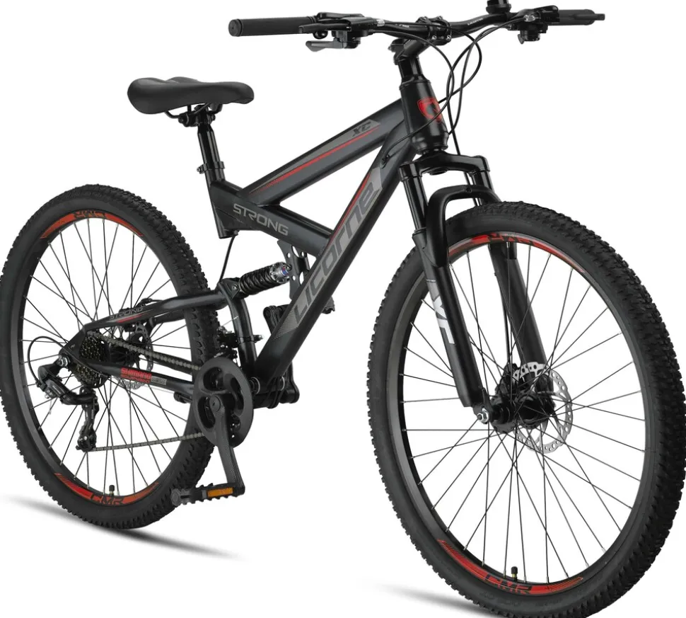 Licorne Bike Strong 2D Premium Mountainbike in 26, 27,5 und 29 Zoll - Fahrrad für Jungen, Mädchen, Damen und Herren - Scheibenbremse vorne und hinten - Shimano 21 Gang-Schaltung - Farbe:Schwarz/Rot;Zoll:29.00