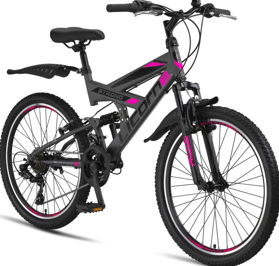 Licorne Bike Strong V Premium Mountainbike in 24 und 26 Zoll - Fahrrad für Jungen, Mädchen, Damen und Herren - Shimano 21 Gang-Schaltung - Vollfederung Zoll:26;Farbe:Anthrazit/Rosa