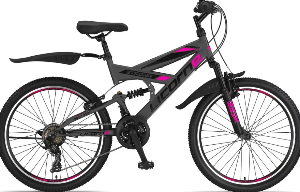 Licorne Bike Strong V Premium Mountainbike in 24 und 26 Zoll - Fahrrad für Jungen, Mädchen, Damen und Herren - Shimano 21 Gang-Schaltung - Vollfederung Zoll:26;Farbe:Anthrazit/Rosa