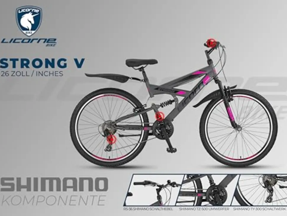 Licorne Bike Strong V Premium Mountainbike in 24 und 26 Zoll - Fahrrad für Jungen, Mädchen, Damen und Herren - Shimano 21 Gang-Schaltung - Vollfederung Zoll:26;Farbe:Anthrazit/Rosa