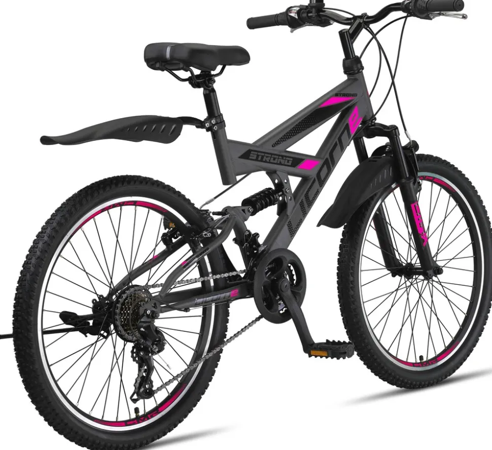 Licorne Bike Strong V Premium Mountainbike in 24 und 26 Zoll - Fahrrad für Jungen, Mädchen, Damen und Herren - Shimano 21 Gang-Schaltung - Vollfederung Zoll:26;Farbe:Anthrazit/Rosa