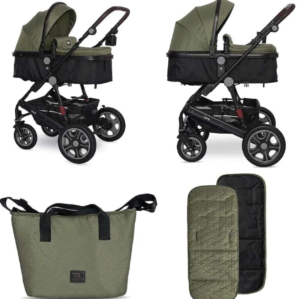 Lorelli Kinderwagen Lora faltbar Gummiräder Tragetasche Sportsitz Fußabdeckung grün