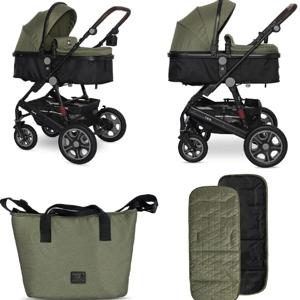 Lorelli Kinderwagen Lora faltbar Gummiräder Tragetasche Sportsitz Fußabdeckung grün