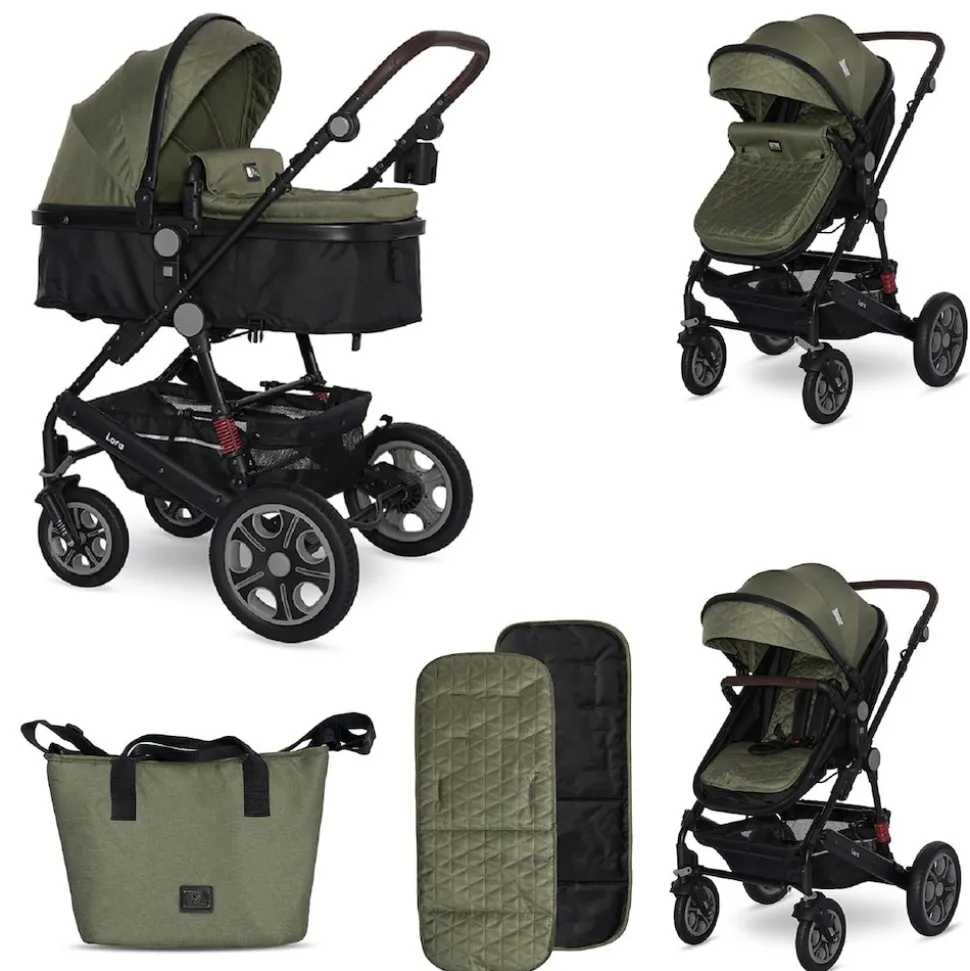 Lorelli Kinderwagen Lora faltbar Gummiräder Tragetasche Sportsitz Fußabdeckung grün