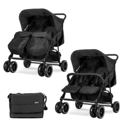 Lorelli Zwillingskinderwagen TWIN Wickeltasche Einhand-Klappsystem Fußabdeckung schwarz gemustert