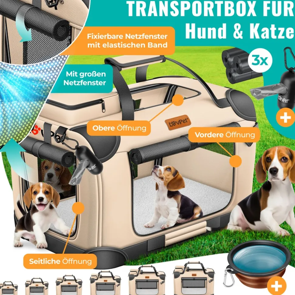 LOVPET® Hundebox Hundetransportbox faltbar Inkl.Hundenapf Transporttasche Hundetasche Transportbox für Haustiere, Hunde und Katzen Haustiertransportbox