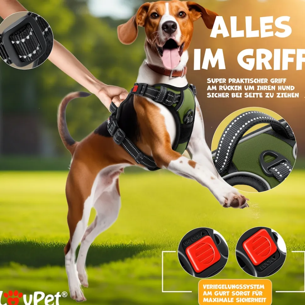 Lovpet® Hundegeschirr ohne Zug & würgen für Hunde & Welpen | atmungsaktiv & weich Brustgeschirr reflektierend | No-Pull-Geschirr inkl. Beutelrollen | Verstellbares Geschirr mit Griff