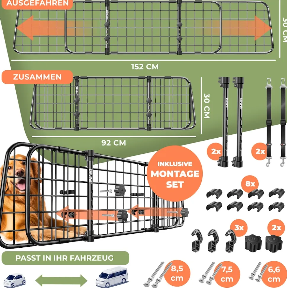 LovPet® Hundegitter Auto, Autoschutzgitter Trenngitter Universal, verstellbare Breite, Kopfstütze Kofferraum Autogitter Maße HxB 30 x 92-152 cm Kofferraumgitter,+ 2x Sicherheitsgurt für Hunde