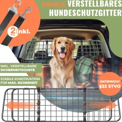 LovPet® Hundegitter Auto, Autoschutzgitter Trenngitter Universal, verstellbare Breite, Kopfstütze Kofferraum Autogitter Maße HxB 30 x 92-152 cm Kofferraumgitter,+ 2x Sicherheitsgurt für Hunde
