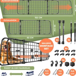 LovPet® Hundegitter Auto, Autoschutzgitter Trenngitter Universal, verstellbare Breite, Kopfstütze Kofferraum Autogitter Maße HxB 30 x 92-152 cm Kofferraumgitter,+ 2x Sicherheitsgurt für Hunde
