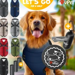 LOVPET® Hundejacke Hundemantel mit Geschirr, inkl. 45 Stück Kotbeutel + Spender, Hunde Winterweste gefüttert wasserdicht, Gepolsterte Weste Mit Brustgurt, Reflektoren, D-Ring