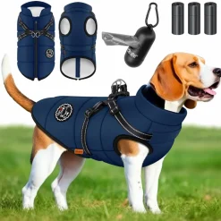 LOVPET® Hundejacke Hundemantel mit Geschirr, inkl. 45 Stück Kotbeutel + Spender, Hunde Winterweste gefüttert wasserdicht, Gepolsterte Weste Mit Brustgurt, Reflektoren, D-Ring