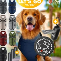 LOVPET® Hundejacke Hundemantel mit Geschirr, inkl. 45 Stück Kotbeutel + Spender, Hunde Winterweste gefüttert wasserdicht, Gepolsterte Weste Mit Brustgurt, Reflektoren, D-Ring