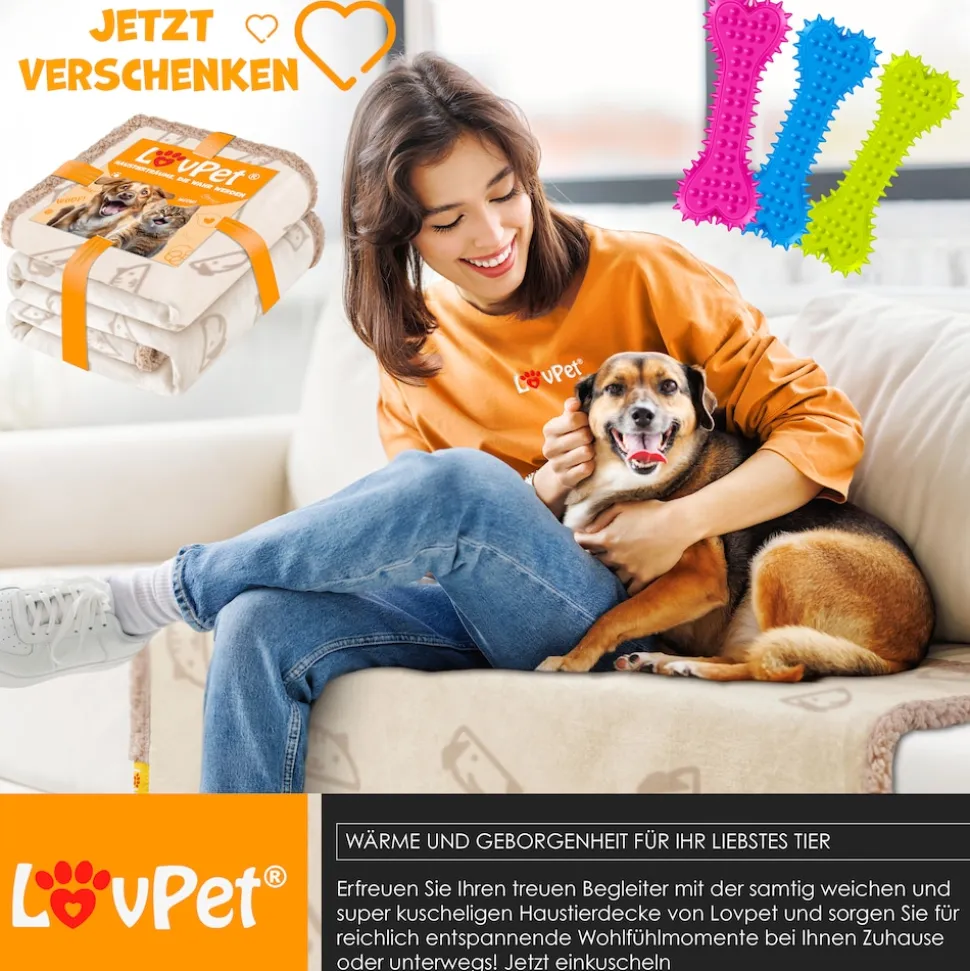 LOVPET® wasserdichte Hundedecke, Sherpa Fleece Haustier Decke + 3x Spielzeugknochen, maschinenwaschbar, beidseitiger Sofabezug-Schutz