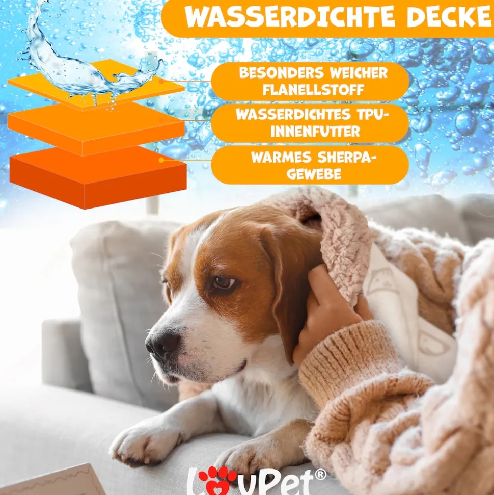 LOVPET® wasserdichte Hundedecke, Sherpa Fleece Haustier Decke + 3x Spielzeugknochen, maschinenwaschbar, beidseitiger Sofabezug-Schutz