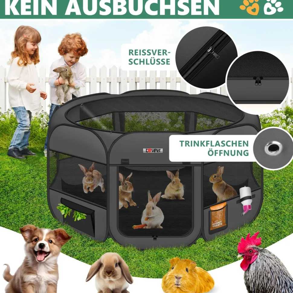 LOVPET® Welpenlaufstall Tierlaufstall Faltbar für Kleintiere Hunde, Katzen Inkl. Hundenapf Hundelaufstall Freigehege Oxfordgewebe Pop-up System Indoor & Outdoor