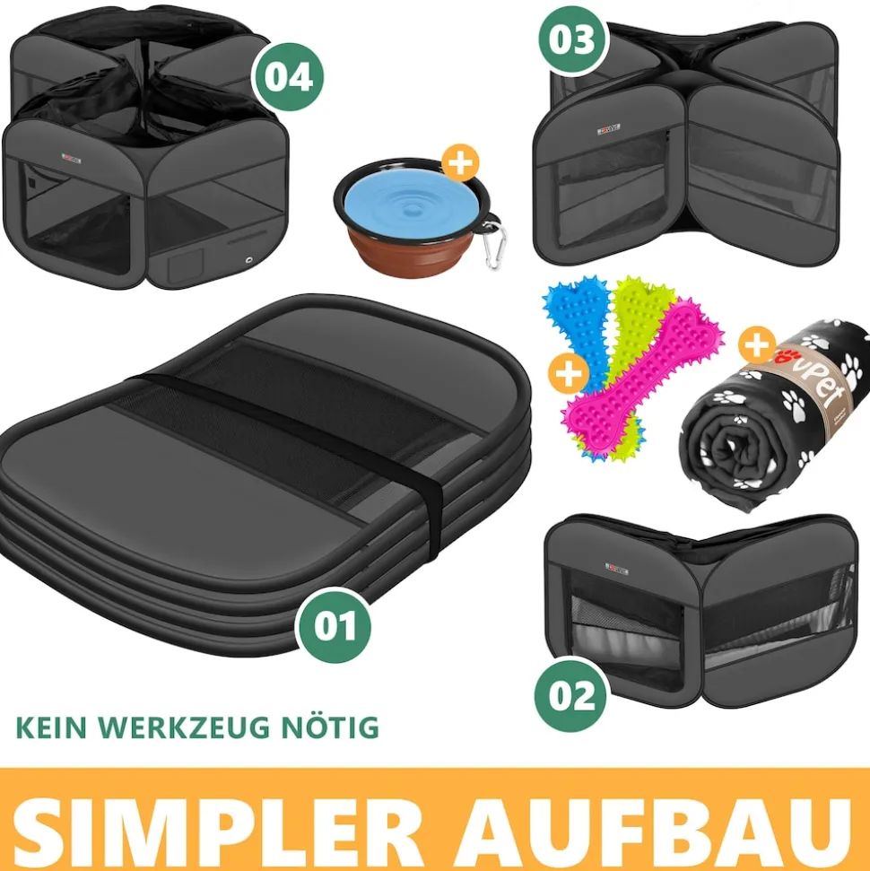 LOVPET® Welpenlaufstall Tierlaufstall Faltbar für Kleintiere Hunde, Katzen Inkl. Hundenapf Hundelaufstall Freigehege Oxfordgewebe Pop-up System Indoor & Outdoor