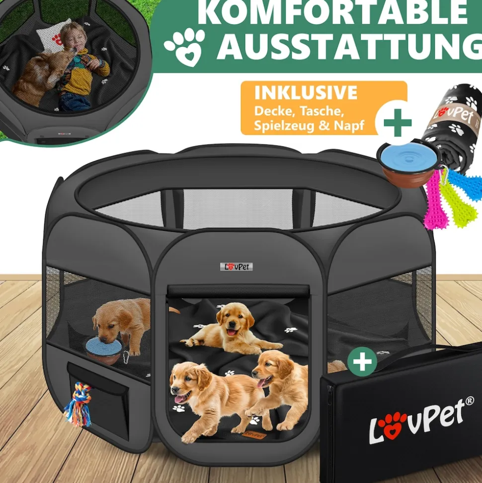 LOVPET® Welpenlaufstall Tierlaufstall Faltbar für Kleintiere Hunde, Katzen Inkl. Hundenapf Hundelaufstall Freigehege Oxfordgewebe Pop-up System Indoor & Outdoor