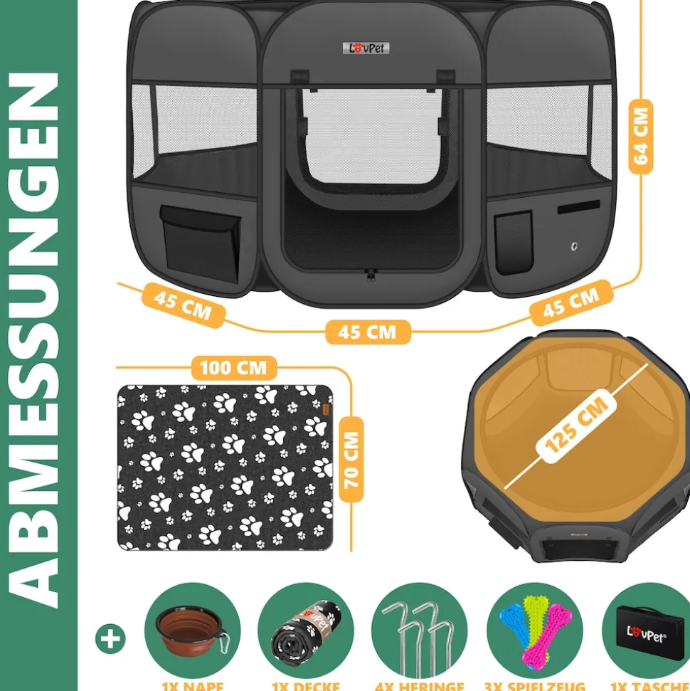LOVPET® Welpenlaufstall Tierlaufstall Faltbar für Kleintiere Hunde, Katzen Inkl. Hundenapf Hundelaufstall Freigehege Oxfordgewebe Pop-up System Indoor & Outdoor