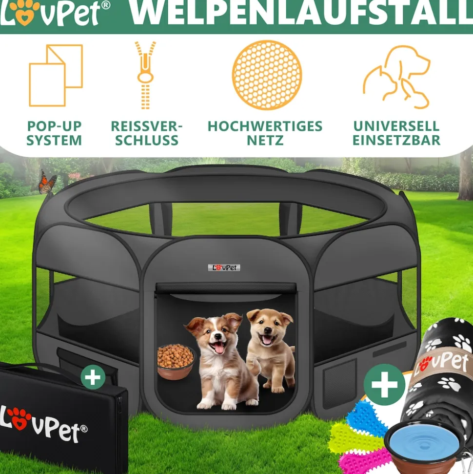 LOVPET® Welpenlaufstall Tierlaufstall Faltbar für Kleintiere Hunde, Katzen Inkl. Hundenapf Hundelaufstall Freigehege Oxfordgewebe Pop-up System Indoor & Outdoor