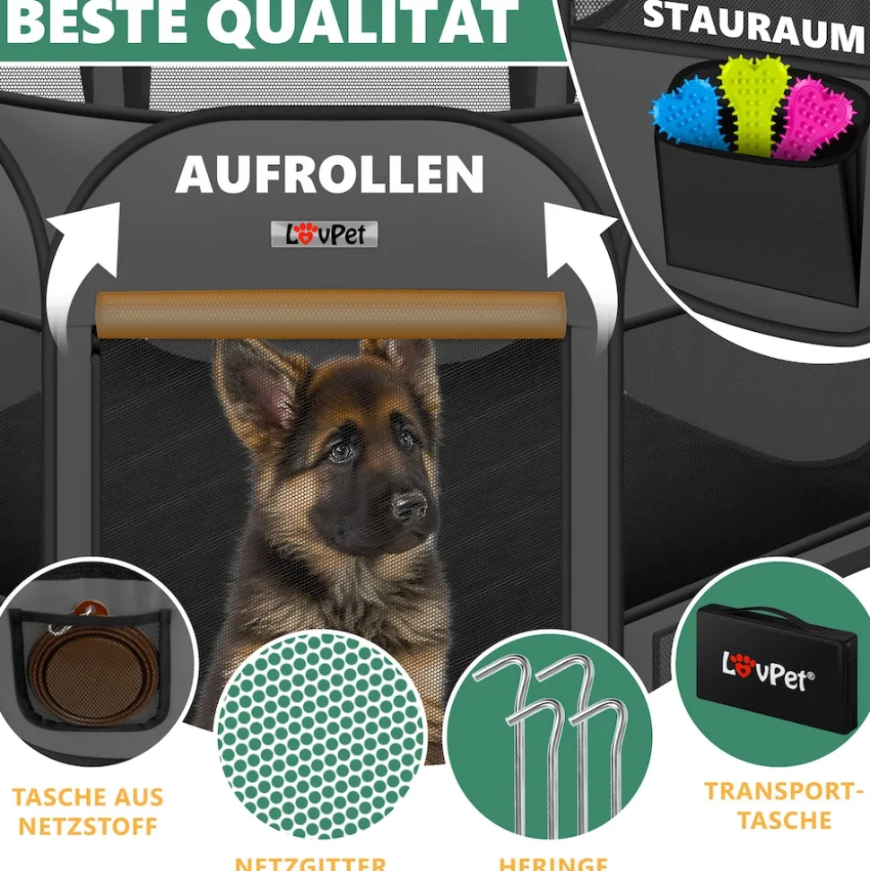 LOVPET® Welpenlaufstall Tierlaufstall Faltbar für Kleintiere Hunde, Katzen Inkl. Hundenapf Hundelaufstall Freigehege Oxfordgewebe Pop-up System Indoor & Outdoor