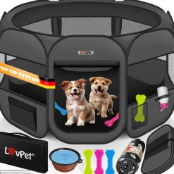 LOVPET® Welpenlaufstall Tierlaufstall Faltbar für Kleintiere Hunde, Katzen Inkl. Hundenapf Hundelaufstall Freigehege Oxfordgewebe Pop-up System Indoor & Outdoor