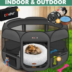 LOVPET® Welpenlaufstall Tierlaufstall Faltbar für Kleintiere Hunde, Katzen Inkl. Hundenapf Hundelaufstall Freigehege Oxfordgewebe Pop-up System Indoor & Outdoor