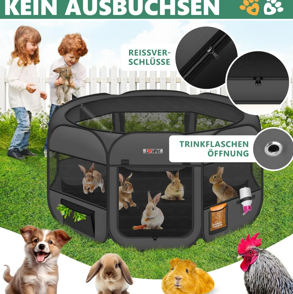 LOVPET® Welpenlaufstall Tierlaufstall Faltbar für Kleintiere Hunde, Katzen Inkl. Hundenapf Hundelaufstall Freigehege Oxfordgewebe Pop-up System Indoor & Outdoor