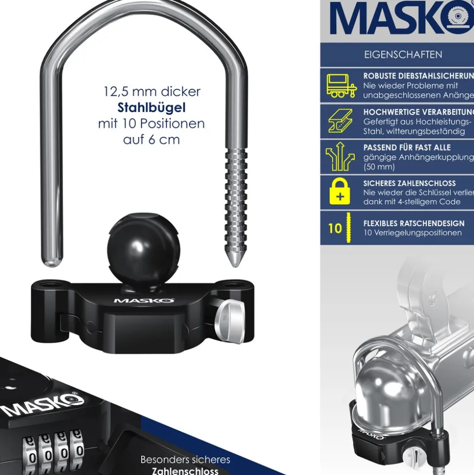 MASKO® Anhängerschloss Zahlenschloss mit 4 Stellig Code für gängige Anhängerkupplung Anhängerkugelsperrkupplung einfache Montage Diebstahlschutz Wohnwagen Anhänger Abschleppsperre Stahlbügel