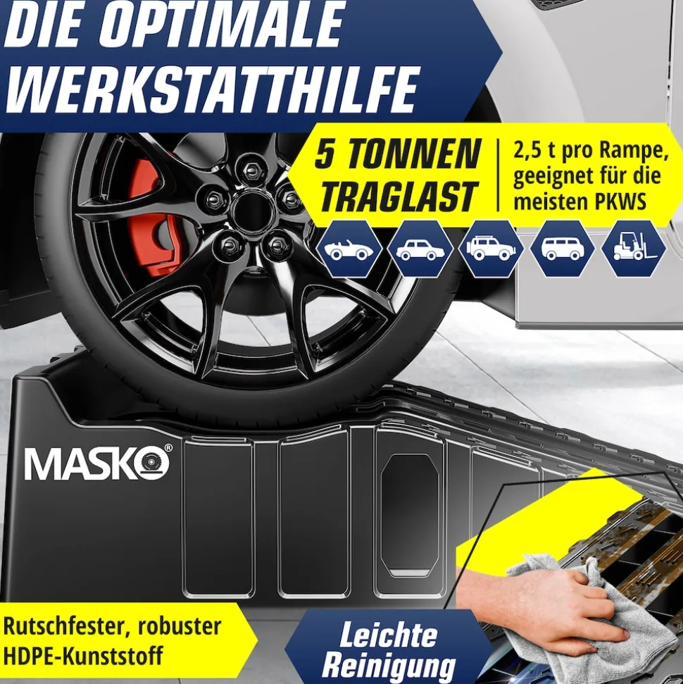 MASKO® Auffahrrampe 2er Set | Auffahrkeile bis 5 t Traglast | KFZ-Rampe mit Überfahrschutz | Verladerampe rutschfest, robust und extra breit | Garagenrampen Autorampe Ölwechsel und Reparatur