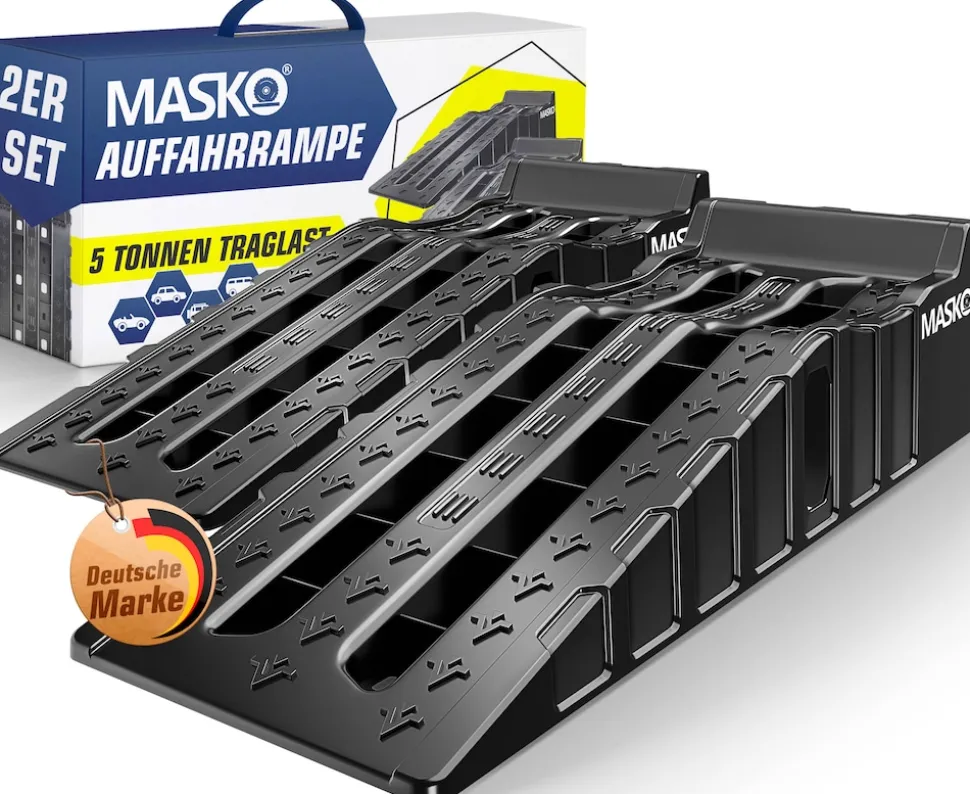 MASKO® Auffahrrampe 2er Set | Auffahrkeile bis 5 t Traglast | KFZ-Rampe mit Überfahrschutz | Verladerampe rutschfest, robust und extra breit | Garagenrampen Autorampe Ölwechsel und Reparatur